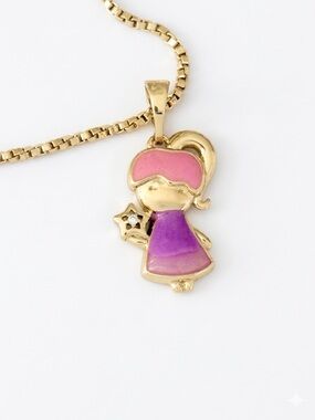 Gold Cute Girl Pendant Necklace with Pink and Purple Enamel | 14K Gold Plated
